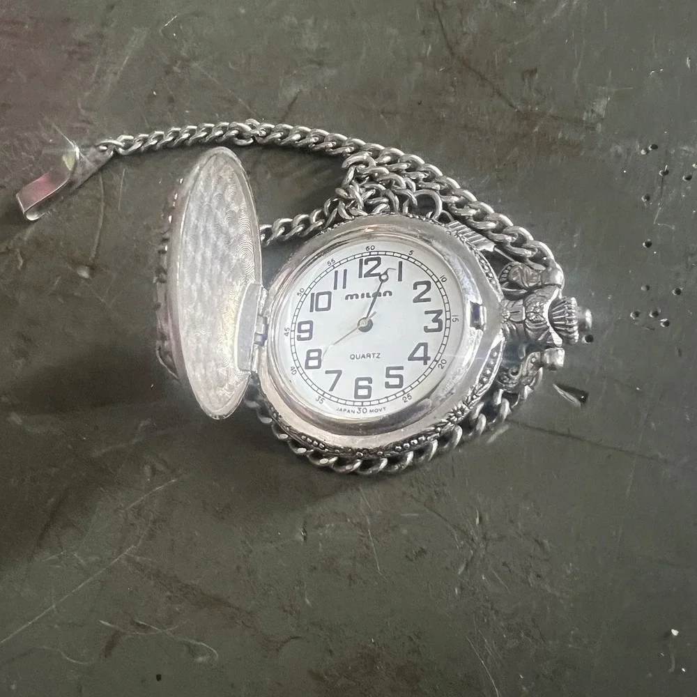 Vintage Milan Silver Toned Analog Pocket Watch Date Indicator Fisherman